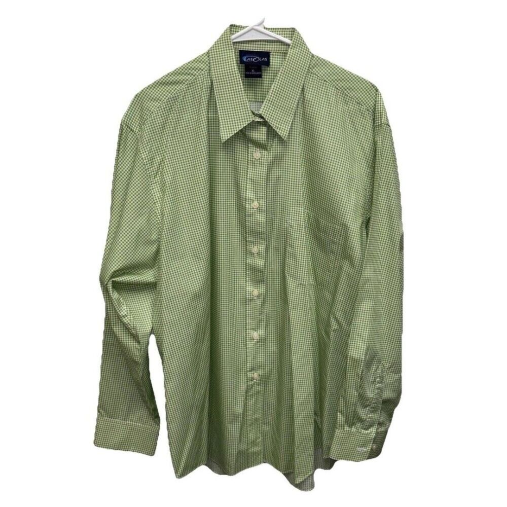 Las Olas Shirt Women Apple Green Check Button Up XL Cotton Blend Pocket Collar